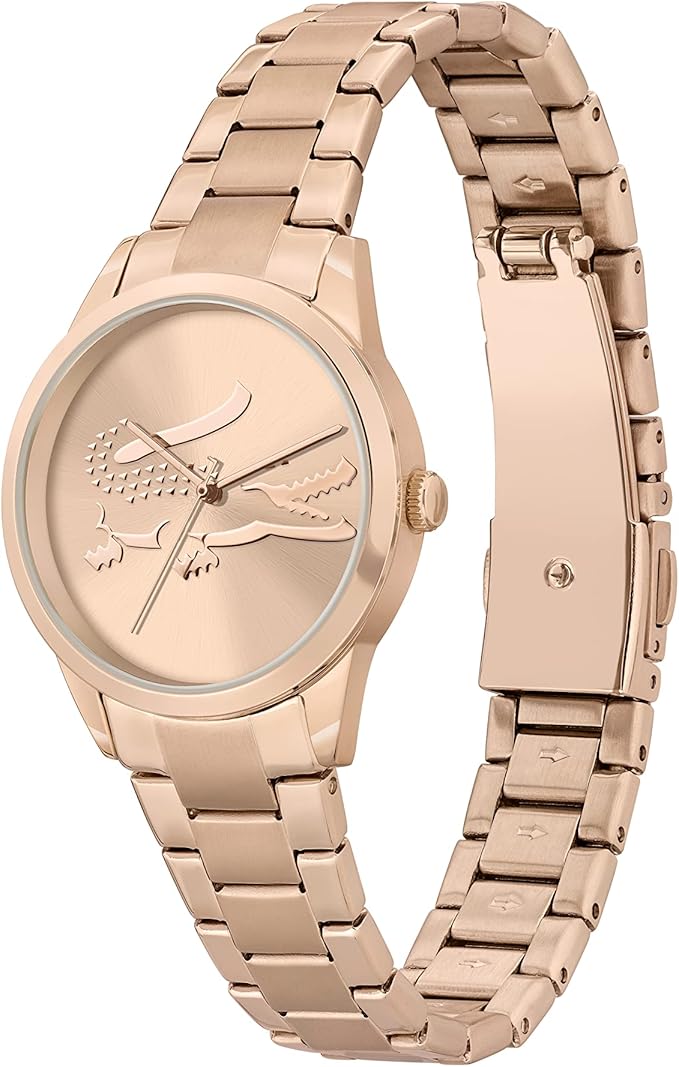 Lacoste Ladycroc carnation gold bracelet watch shown from side angle