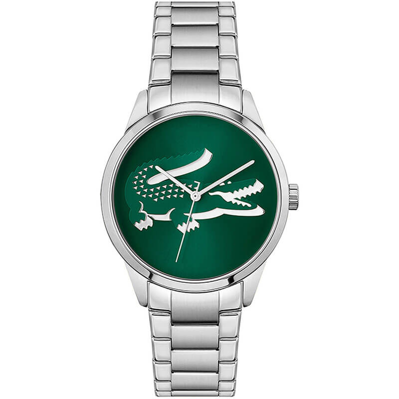 Lacoste Ladycroc watch with green dial and crocodile logo, stainless steel bracelet