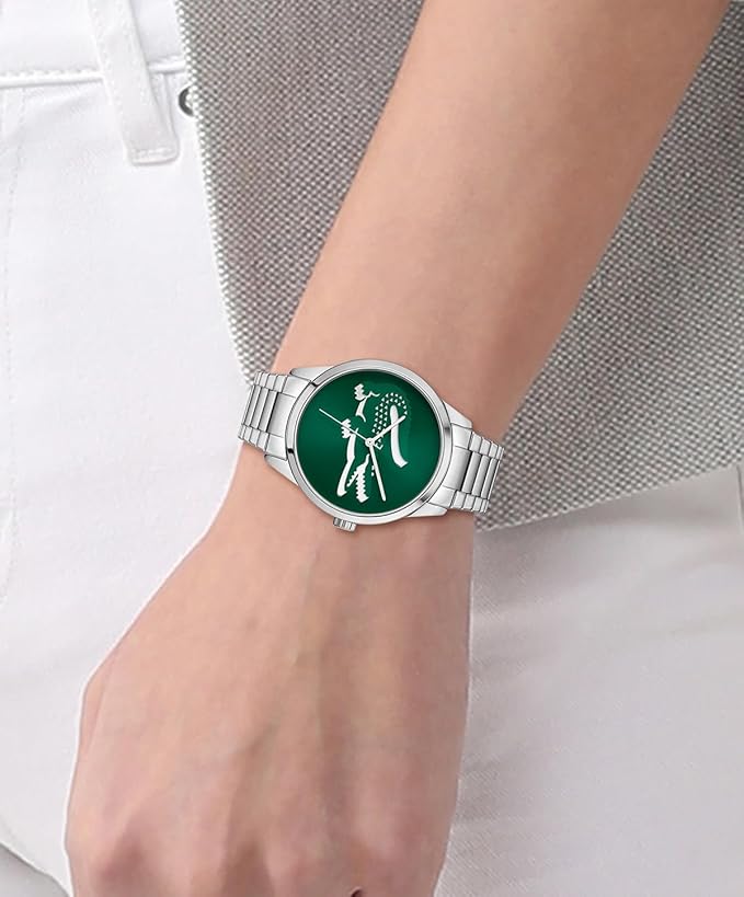 Lacoste Ladycroc women's watch worn on wrist, green dial with stainless steel bracelet