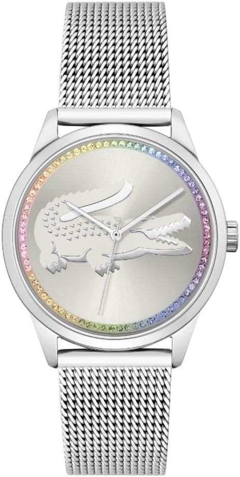Lacoste Ladycroc silver women's watch with rainbow crystal bezel and crocodile dial