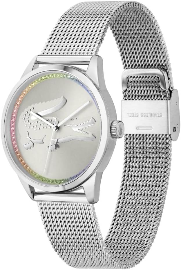 Lacoste Ladycroc watch worn on wrist showing silver mesh strap and rainbow bezel