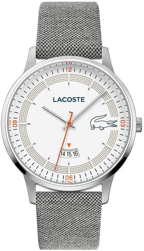Lacoste Madrid men's analogue watch with white dial, orange hands, and gray mesh strap