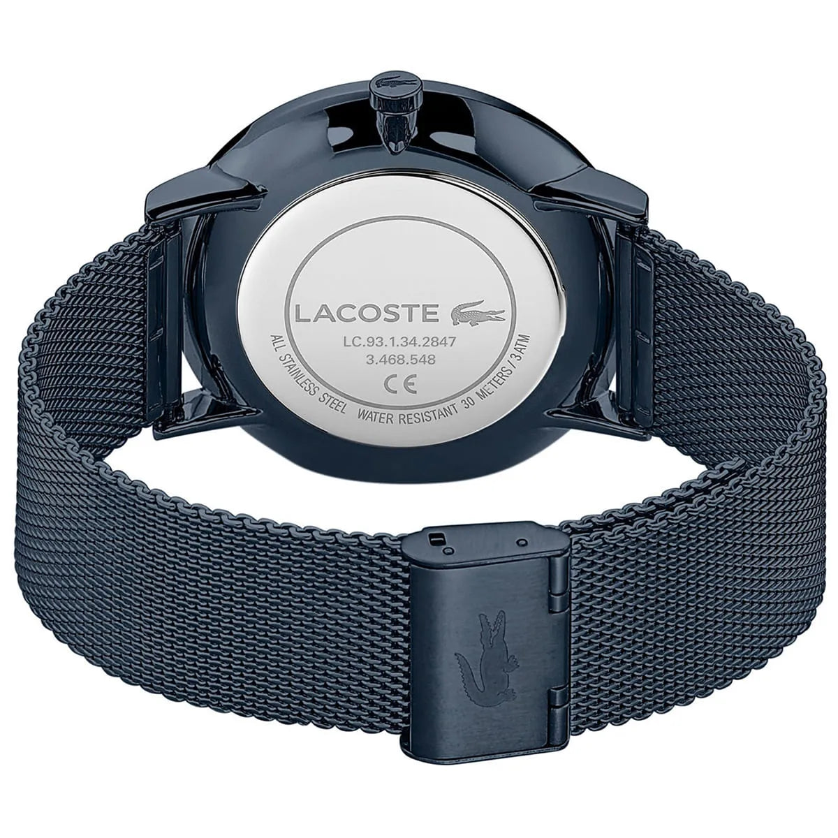 Caseback of Lacoste Moon 2011058 watch showing stainless steel case back with model and specifications