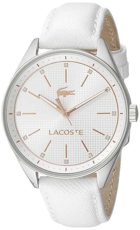 Lacoste Philadelphia women's watch with white dial, white leather strap, and rose gold hour markers