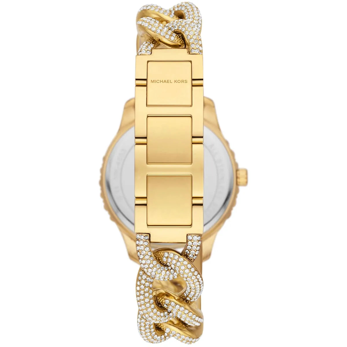 Layton watch case back showing gold-tone stainless steel construction and curb-link strap