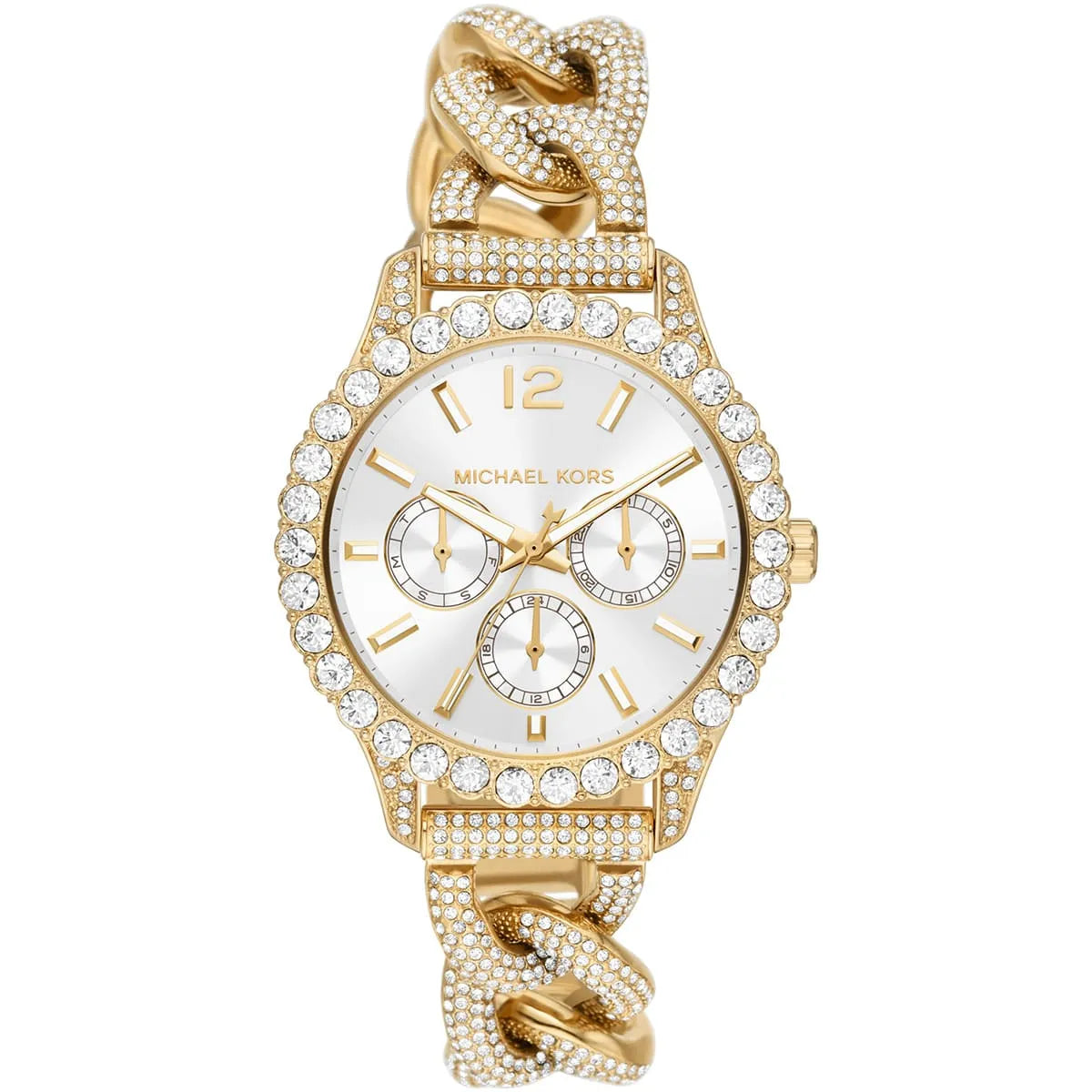 Layton watch face showing chronograph subdials on white dial with gold hands