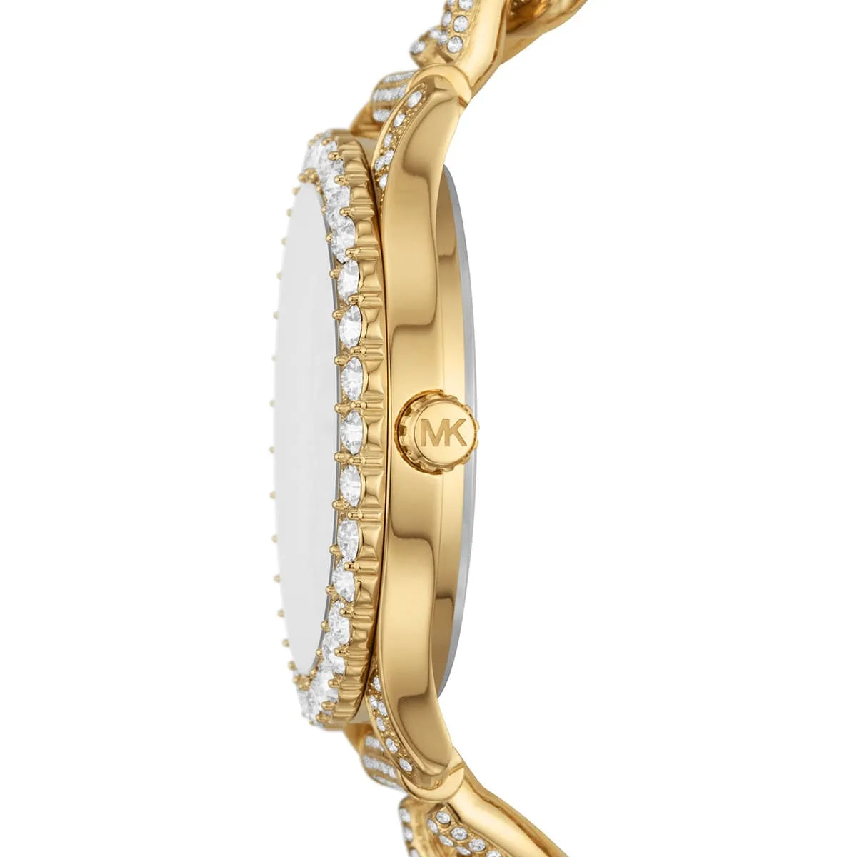 Side profile of Layton watch showing crystal pavé bezel and MK logo on case