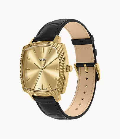 Fossil Machine Luxe limited edition watch angled view showing gold case and black/tan croco leather strap