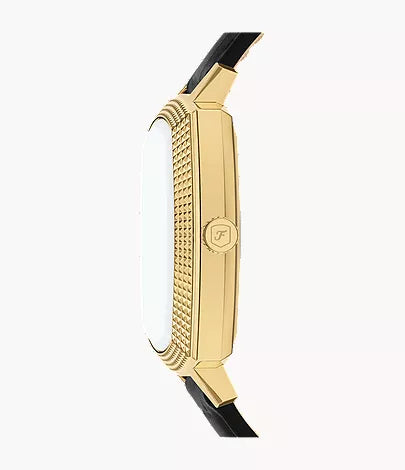 Side profile of Nick Jonas Fossil Machine Luxe watch showing case depth and black leather strap