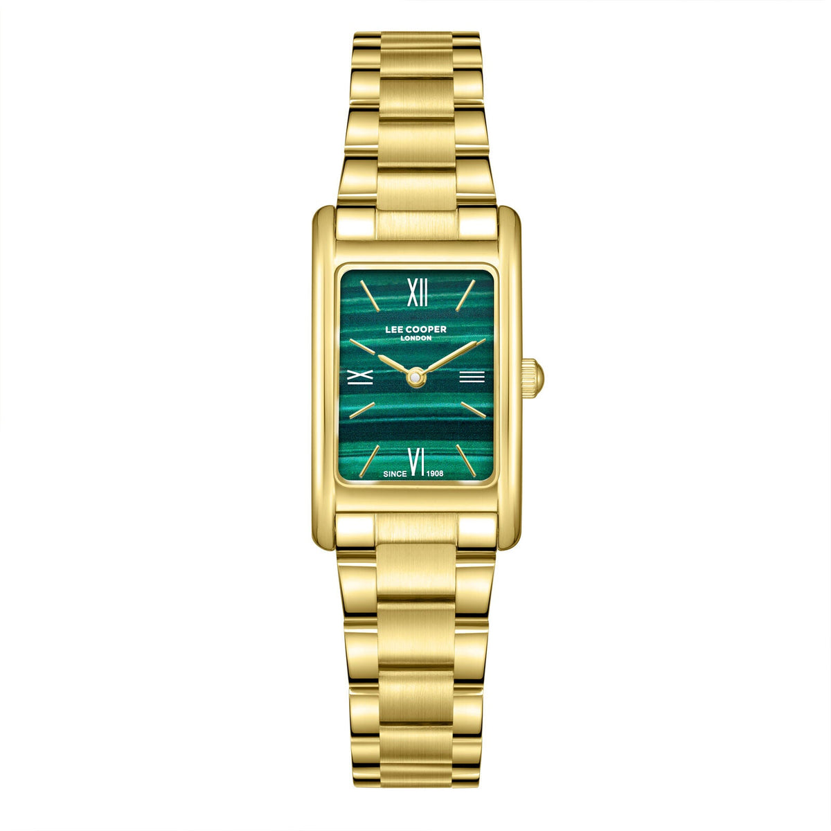 Lee Cooper Elegance rectangular watch with green dial and gold-tone bracelet, front view