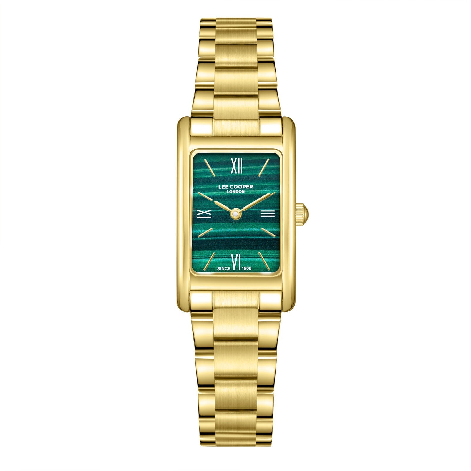 Lee Cooper Elegance rectangular watch with green dial and gold-tone bracelet, front view