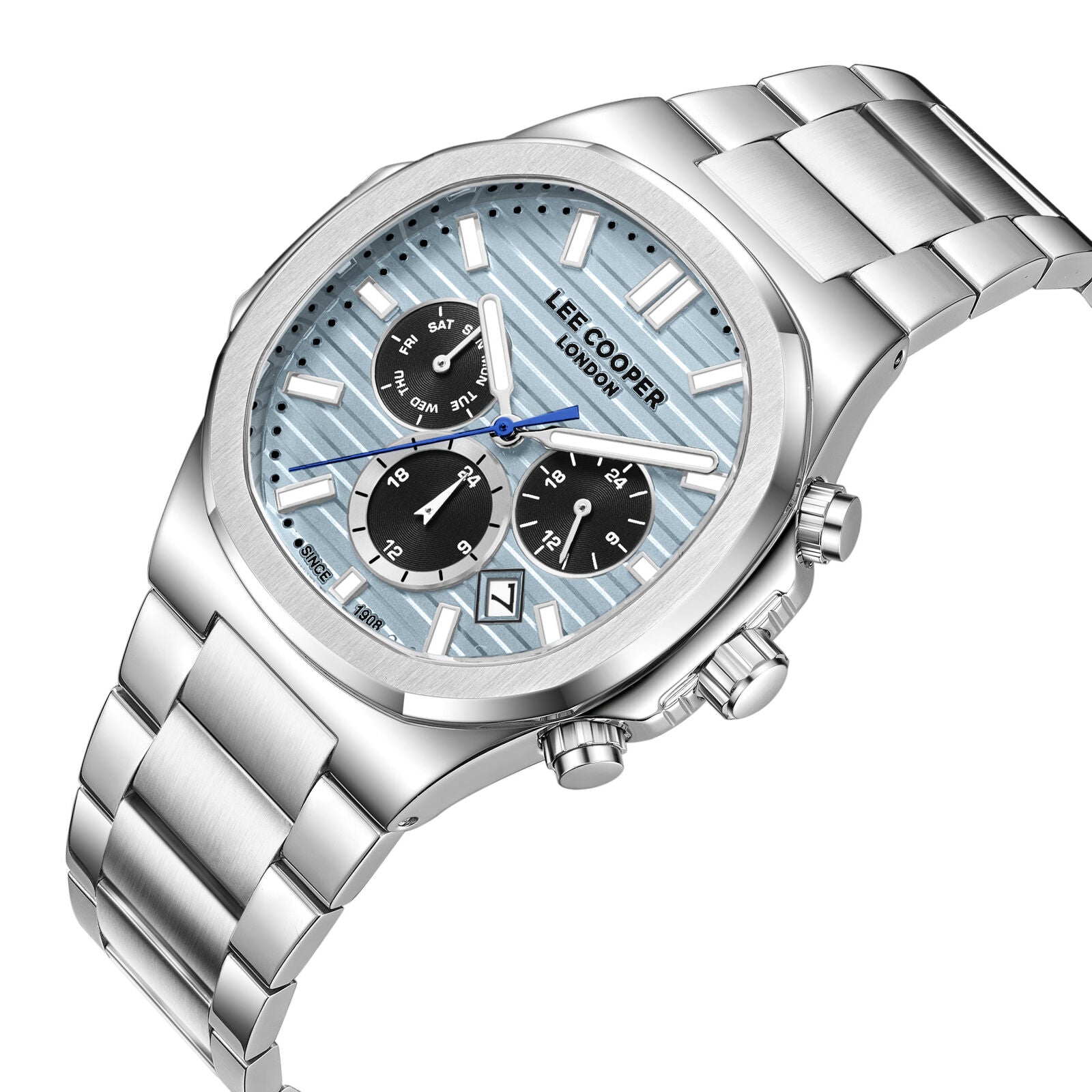 Angled view of Lee Cooper Gauthier chronograph with silver bracelet and blue dial showing chronograph pushers