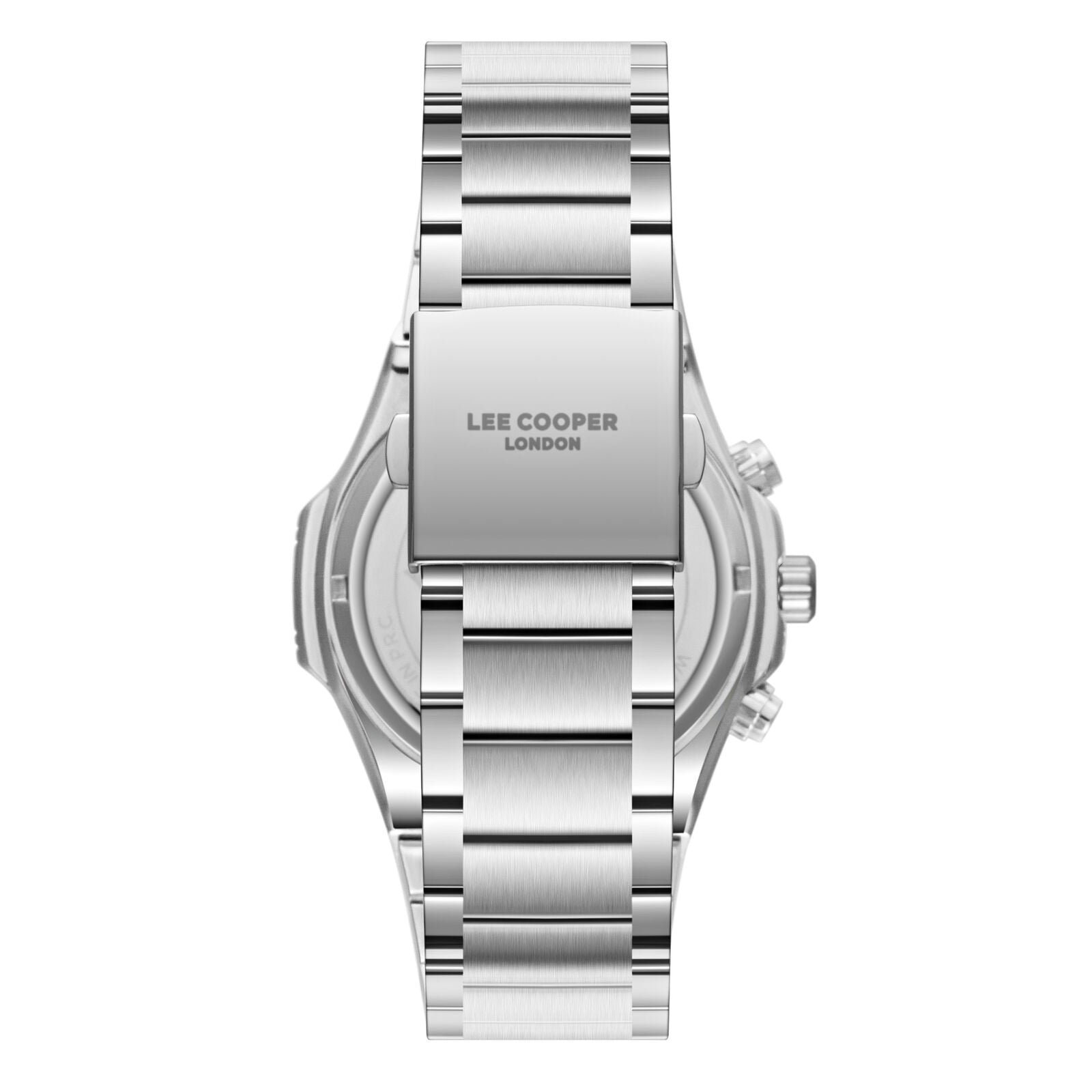 Caseback view of Lee Cooper Gauthier watch with brushed silver stainless steel case and bracelet