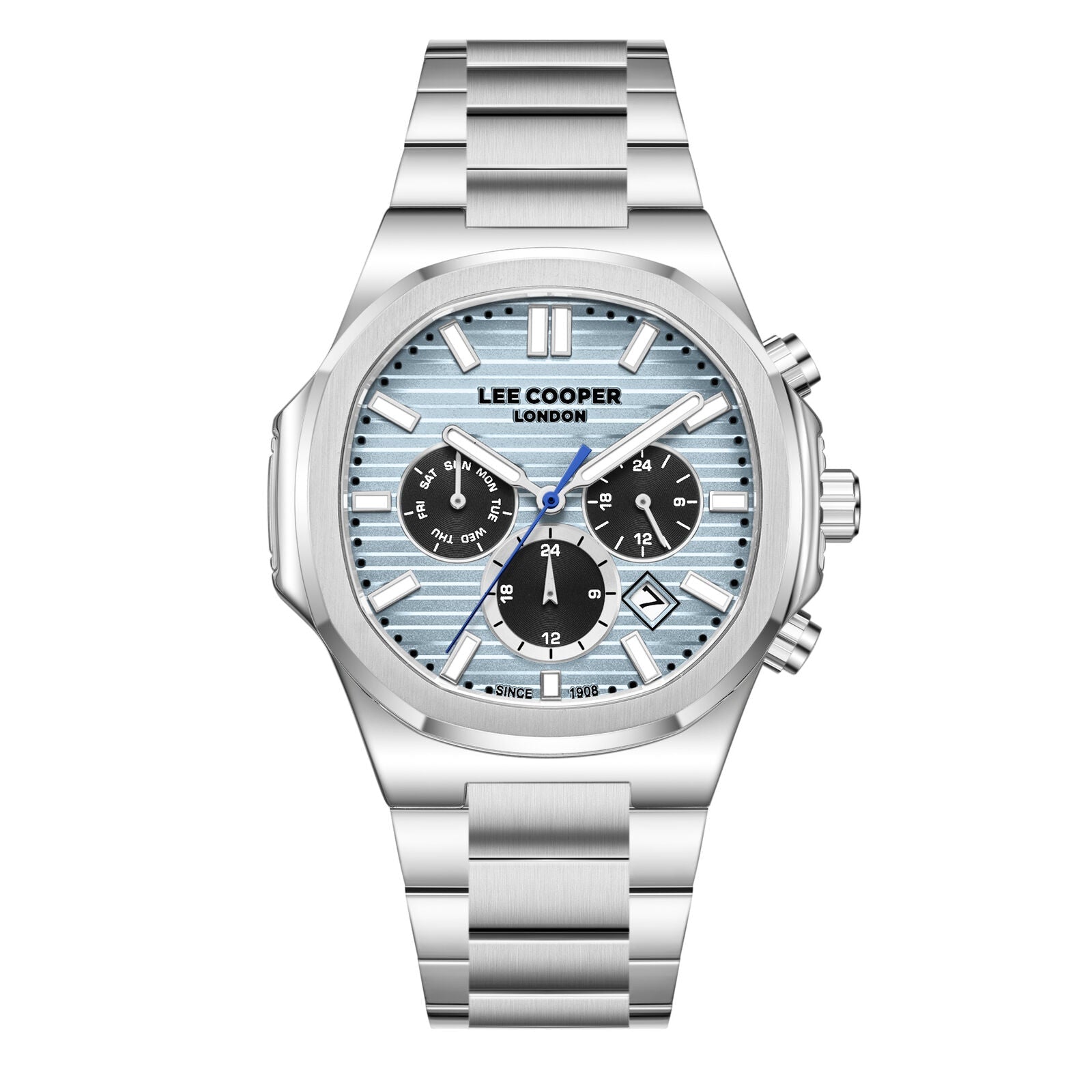 Lee Cooper Gauthier silver multifunction chronograph watch with blue striped dial and three black subdials