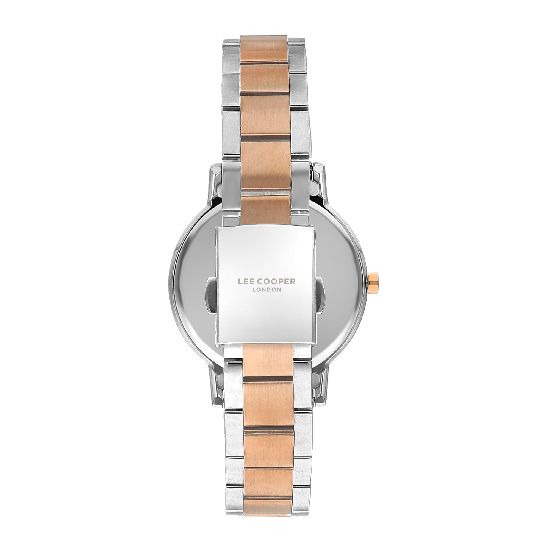 Caseback view of Lee Cooper Elegance watch with two-toned metal bracelet