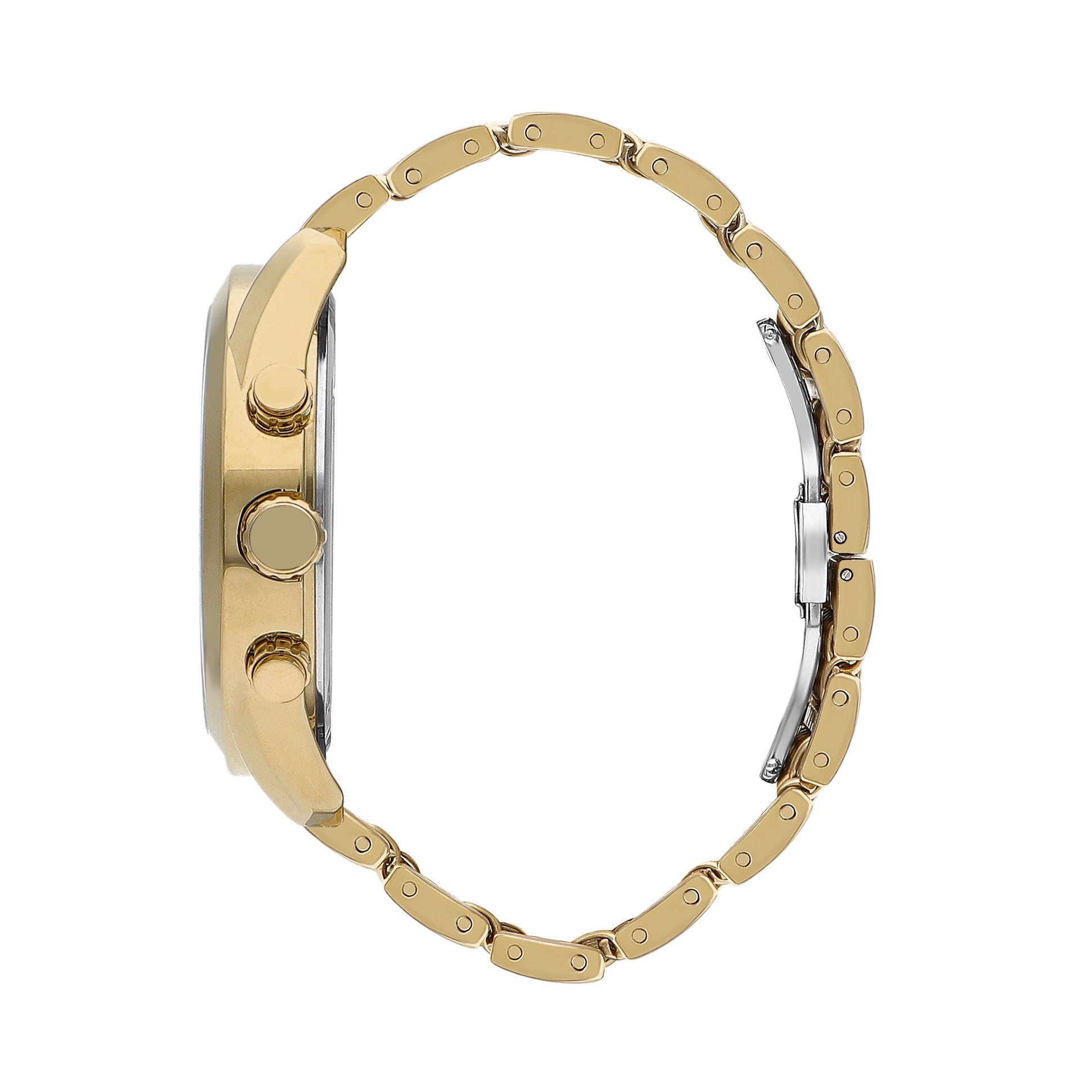 Side view of Lee Cooper gold watch showing case profile and chronograph pushers