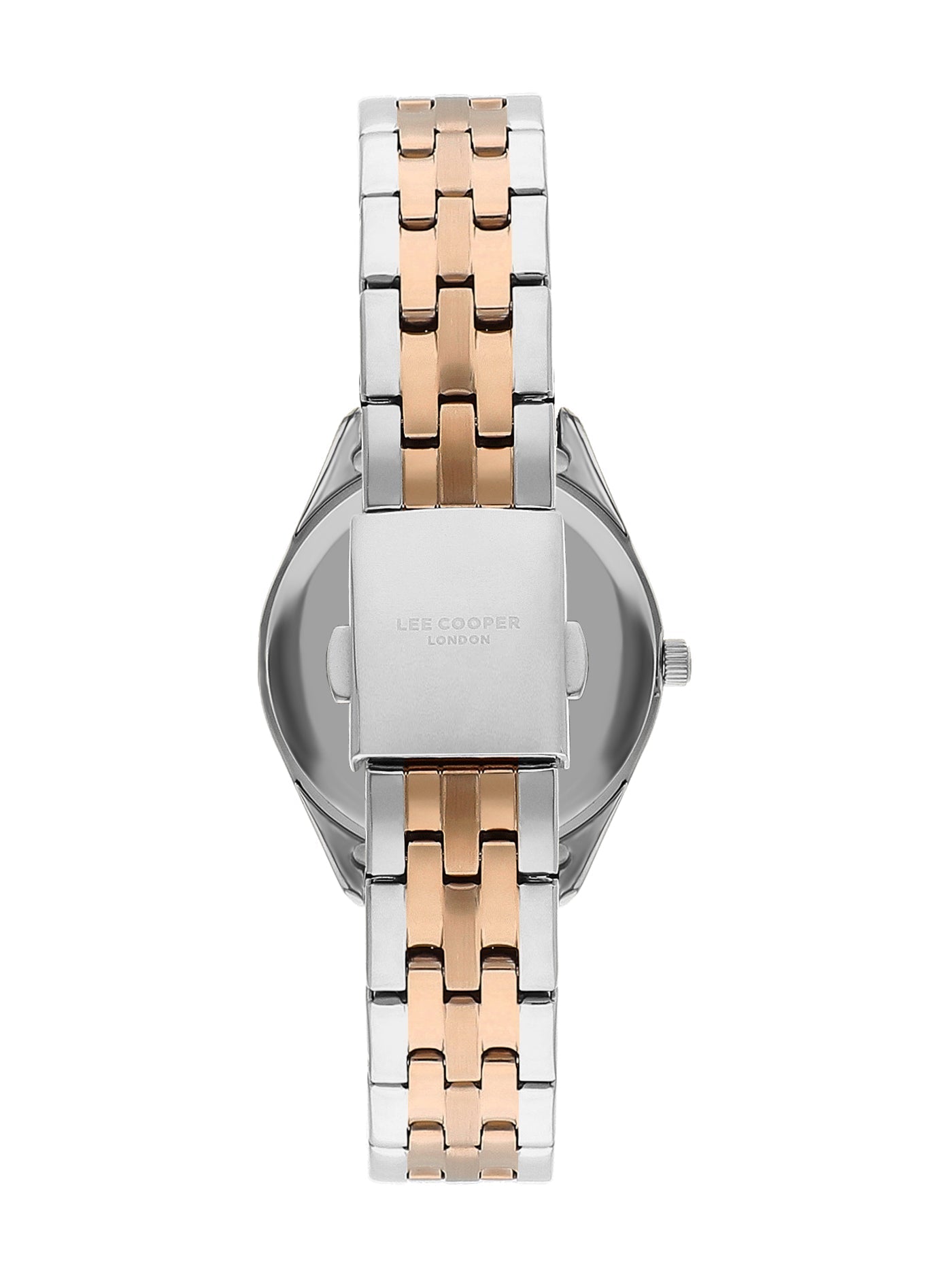 Caseback view of Lee Cooper LC07833.530 women's watch with two-tone bracelet