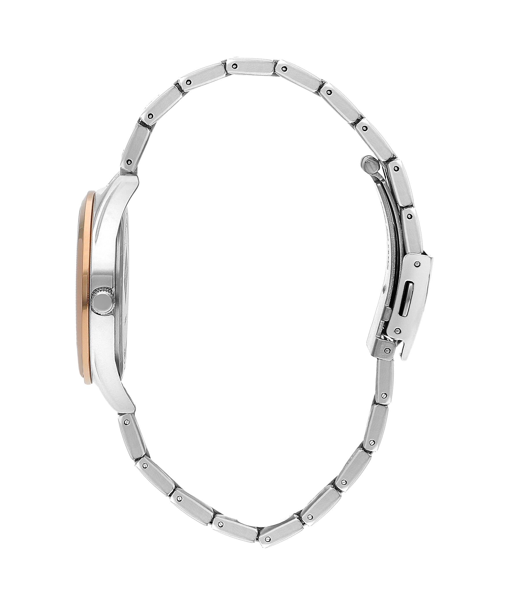 Side view of Lee Cooper LC07833.530 showing rose gold case and two-tone metal bracelet