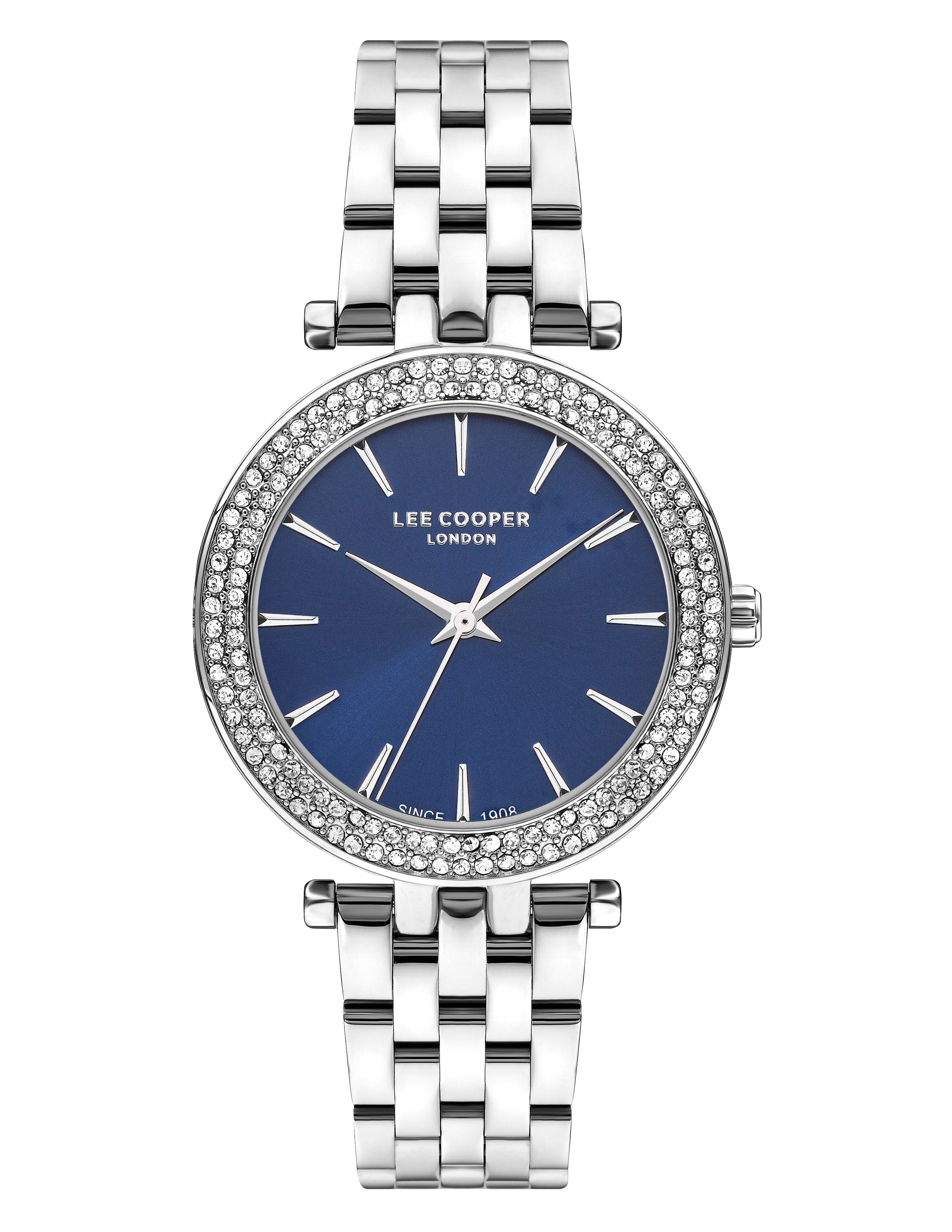 Lee Cooper Classic Blue Dial Silver Watch with crystal-set bezel and silver bracelet