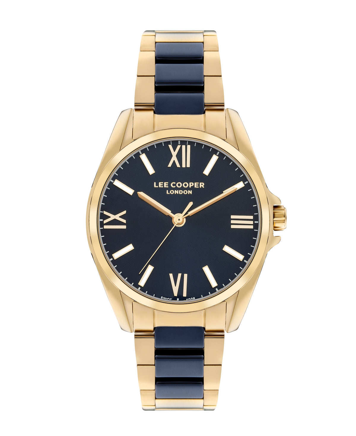 Lee Cooper Elegance women's watch with navy blue dial, Roman numerals, and gold two-tone bracelet