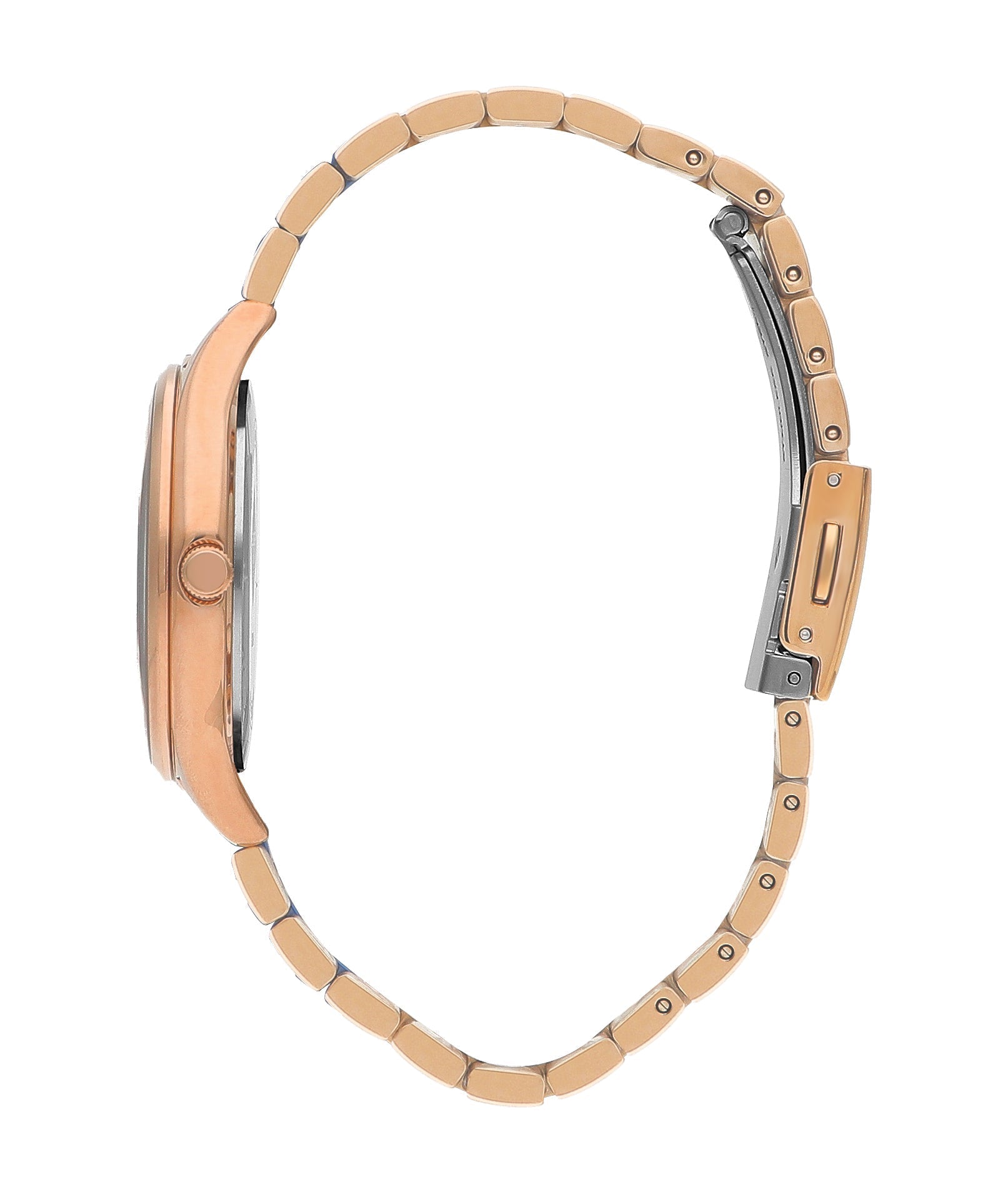 Side view of Lee Cooper rose gold watch with mixed metal bracelet and crown detail