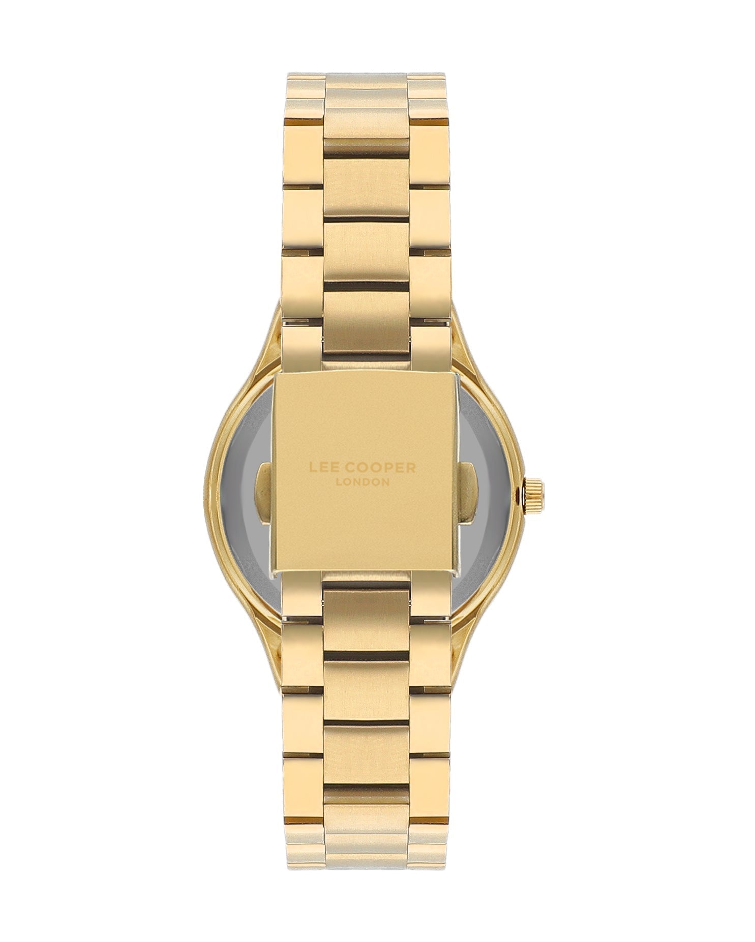 Caseback view of Lee Cooper watch showing gold-tone stainless steel case and bracelet