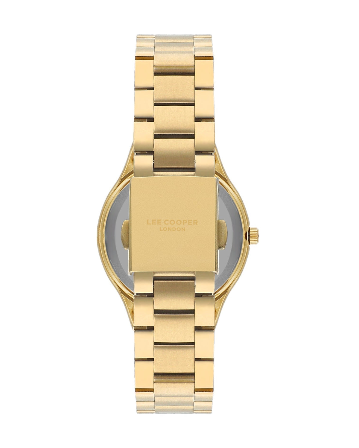 Caseback view of Lee Cooper watch showing gold-tone stainless steel case and bracelet