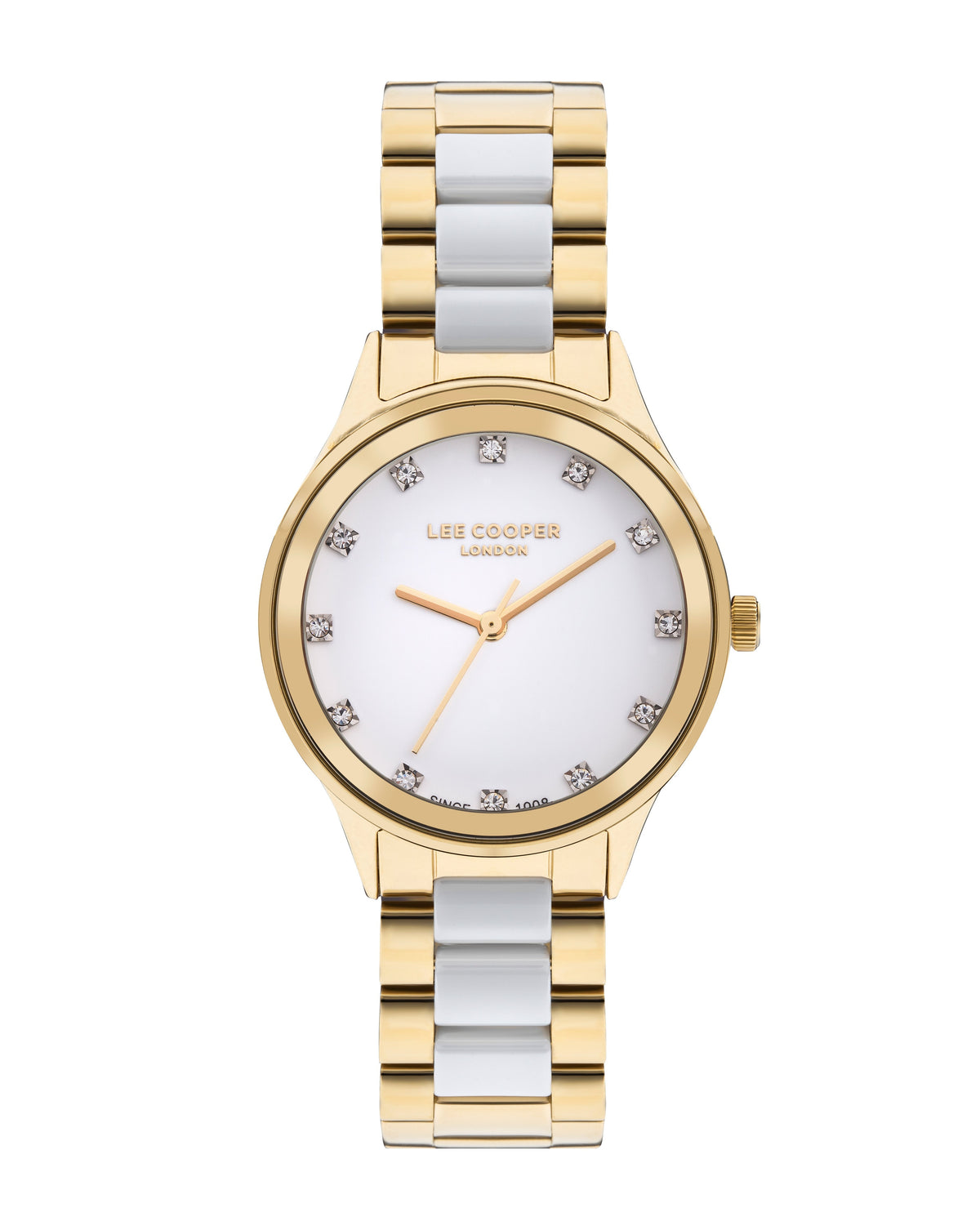 Lee Cooper Classic two-tone watch with white mother-of-pearl dial and crystal hour markers