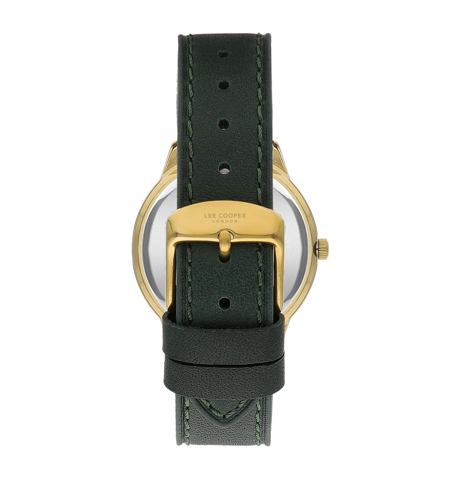 Lee Cooper LC07932.177 watch rear view showing caseback and leather strap buckle