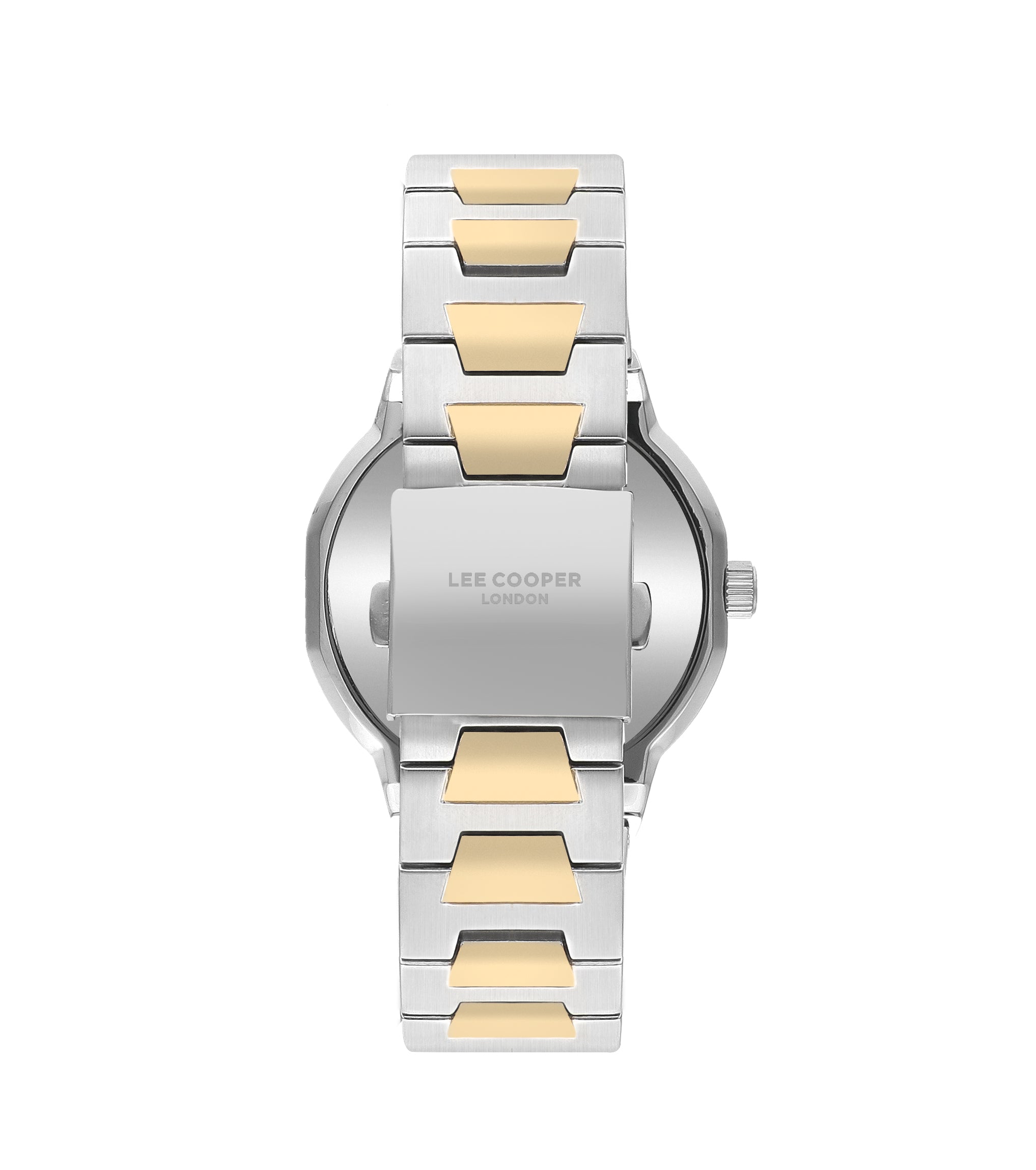 Caseback view of Lee Cooper watch with engraved branding on stainless steel