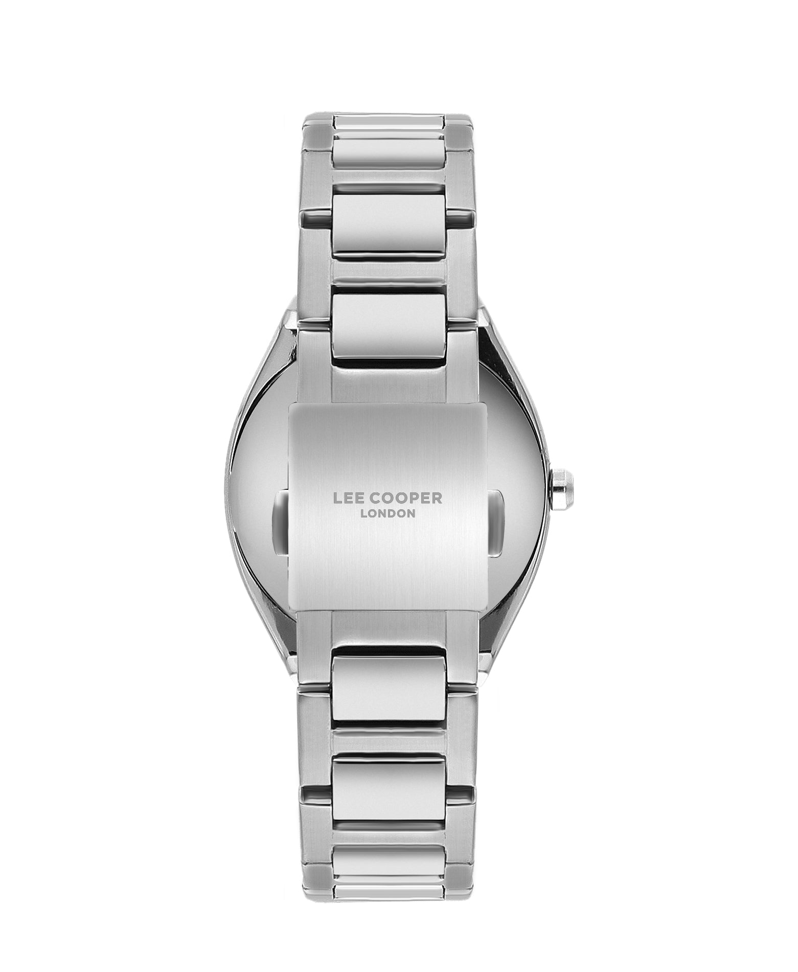 Caseback of Lee Cooper LC07985.390 watch showing silver stainless steel with engraved branding