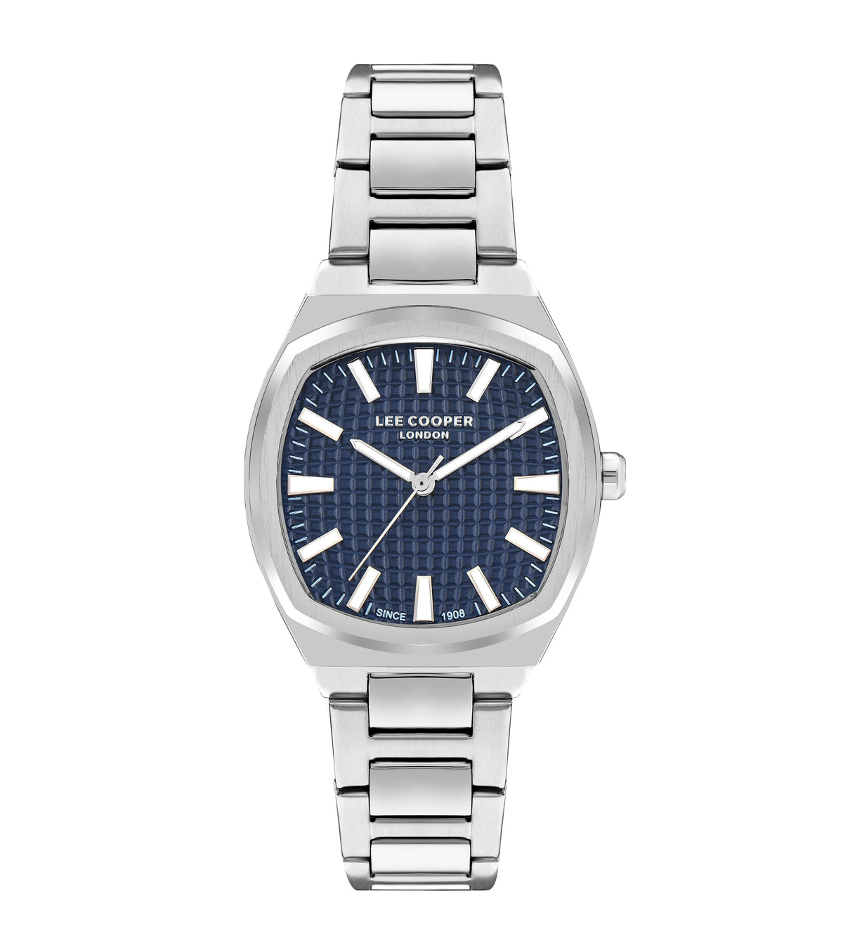 Lee Cooper LC07985.390 square watch with navy blue dial and silver metal bracelet