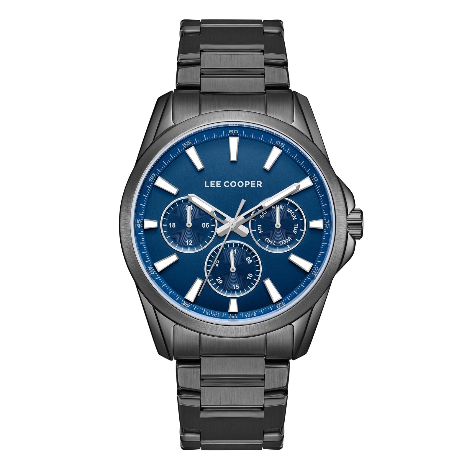 Lee Cooper multifunction watch with navy dial, three subdials, and black metal strap