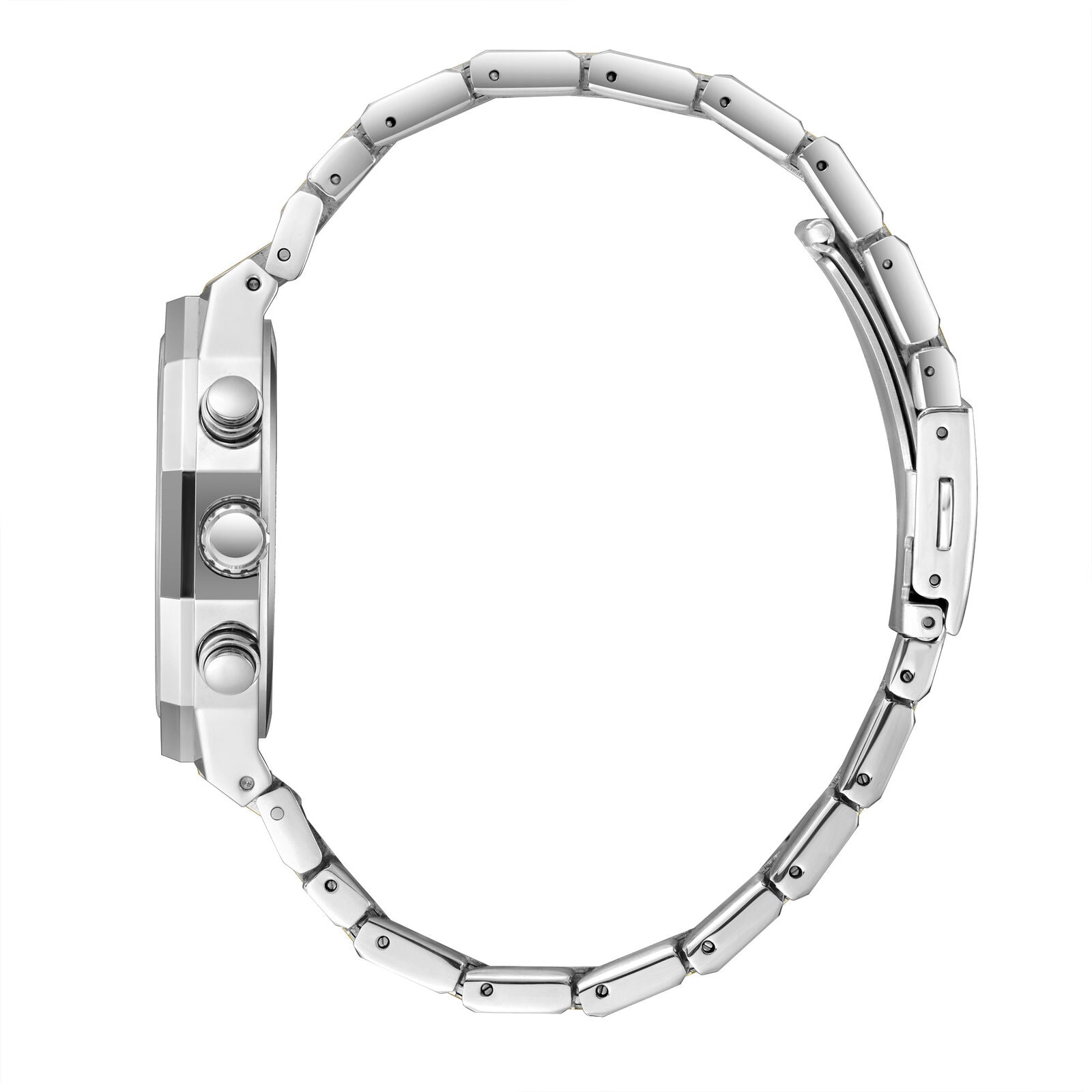 Lee Cooper watch side view showing steel bracelet and chronograph pushers