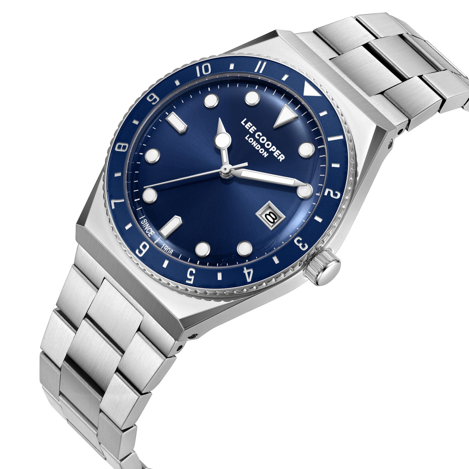 Lee Cooper Business watch angled view showing blue dial, date window, and silver metal bracelet