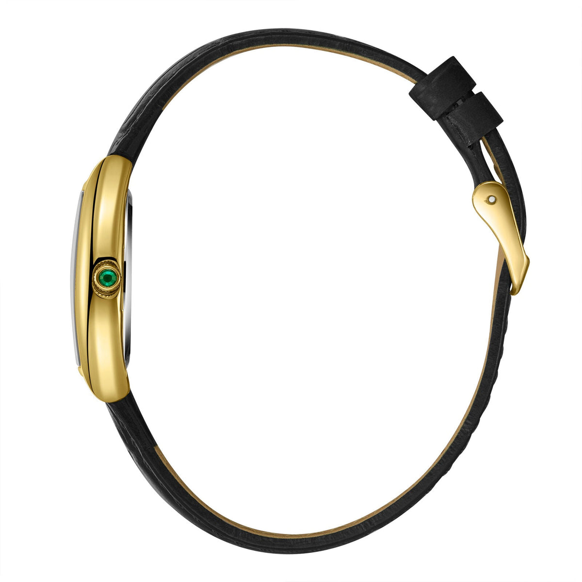 Lee Cooper watch side view displaying rectangular gold case and black leather strap