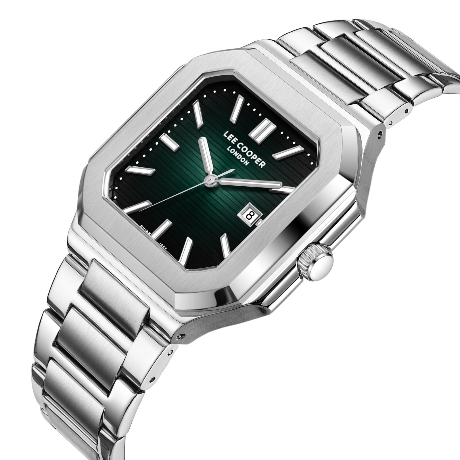 Lee Cooper Maxime watch at angle showing green dial and silver metal bracelet