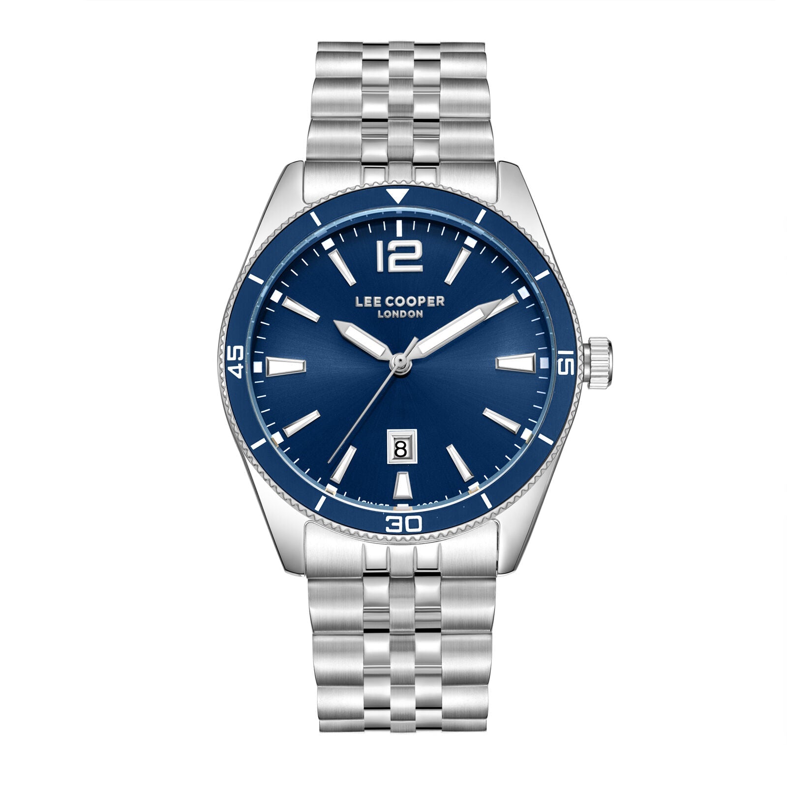 Lee Cooper Simon watch with blue dial, silver hands, date window and silver steel bracelet