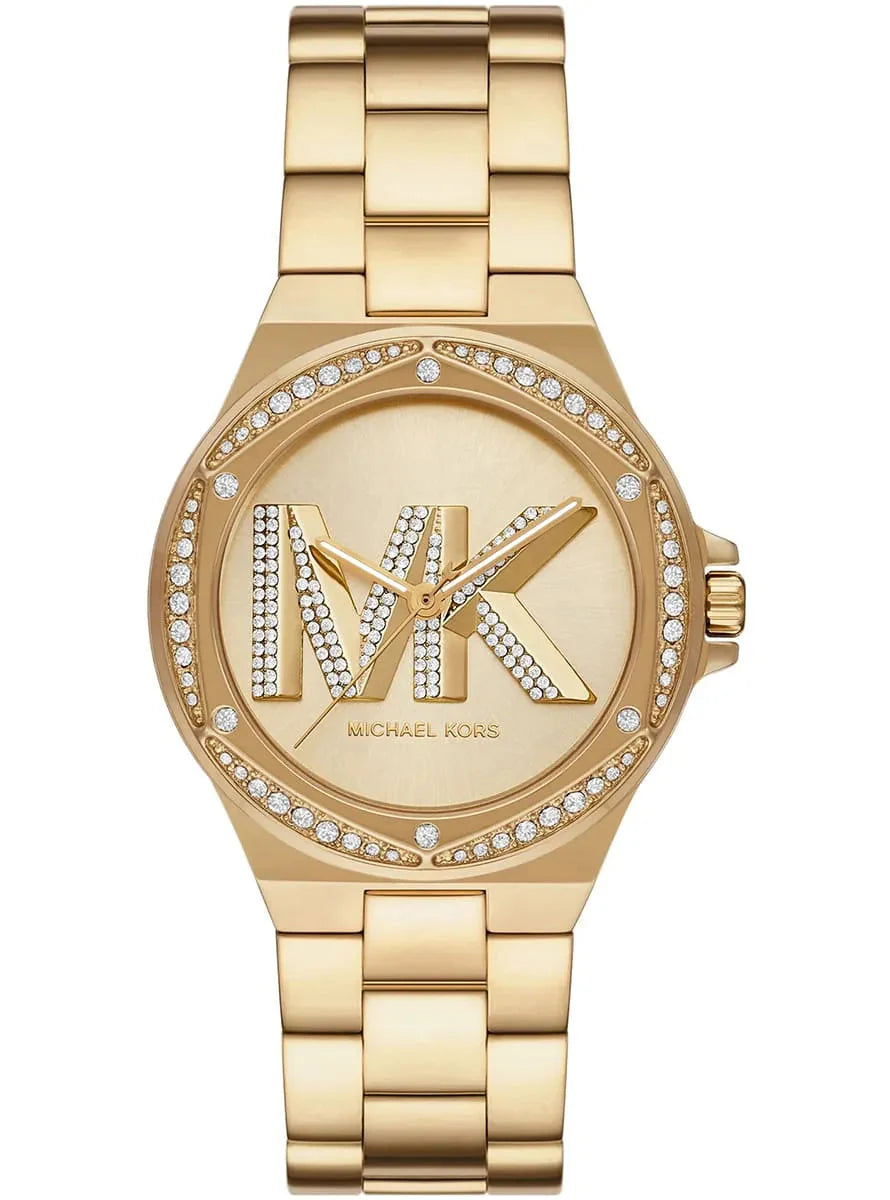 Lennox gold-tone watch with crystal bezel and MK logo dial alongside matching bracelet
