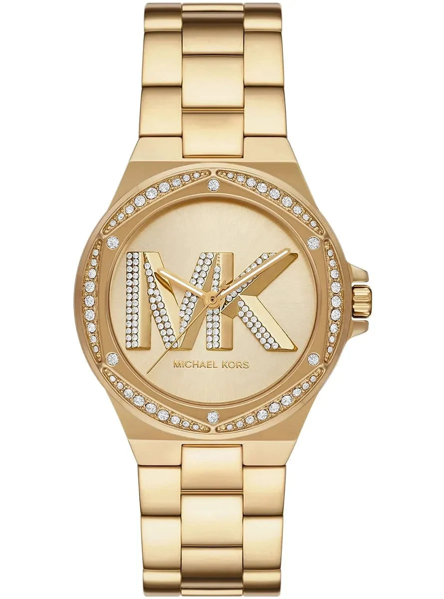 Lennox gold-tone watch with crystal bezel and MK logo dial alongside matching bracelet