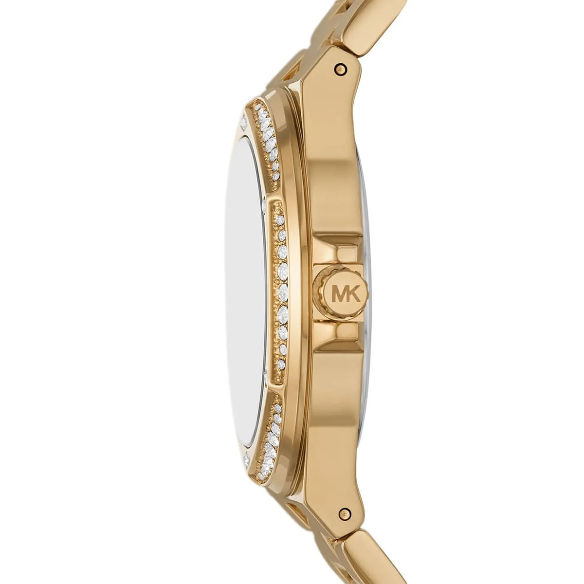 Side profile of Lennox watch showing crystal bezel and gold-tone stainless steel band