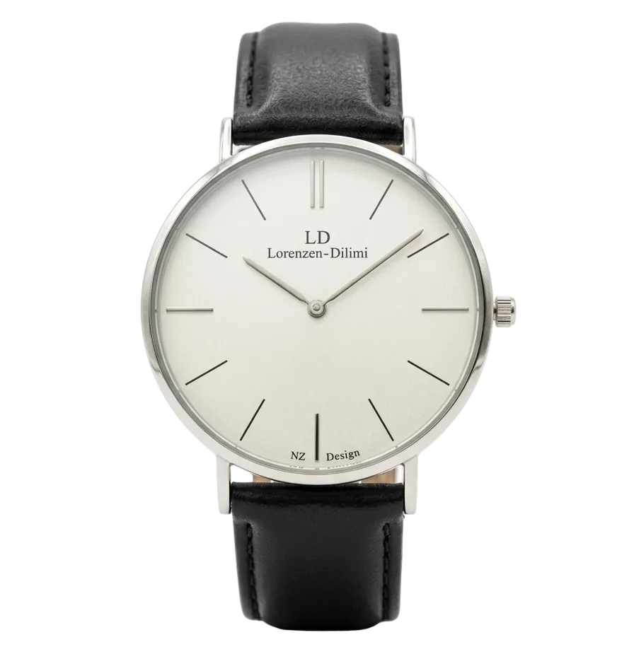 Lorenzen Dilimi slim watch with white dial, black leather strap, and silver case
