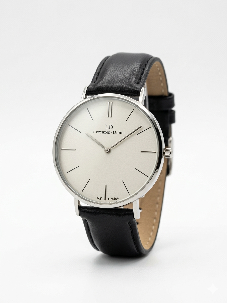 Lorenzen Dilimi watch on side angle showing white dial and black leather strap