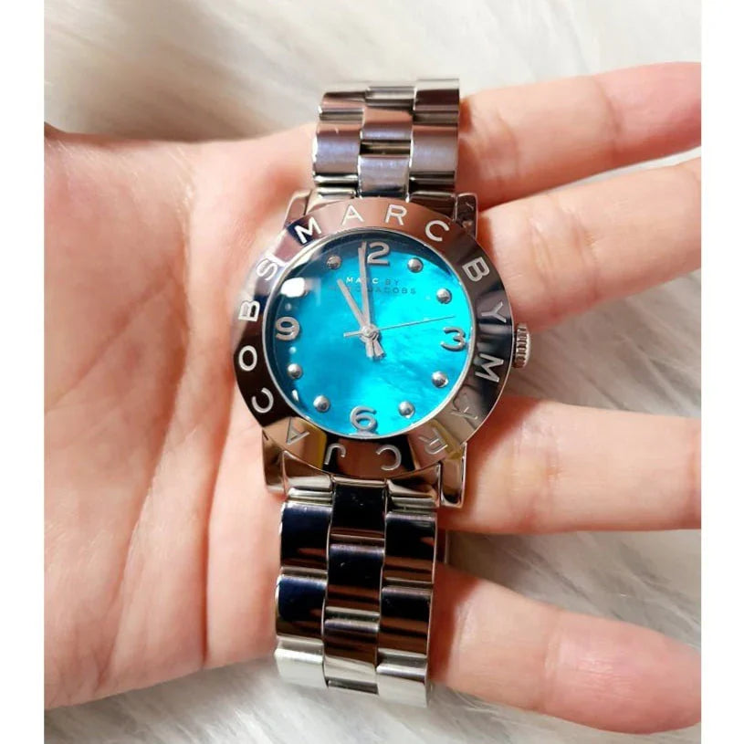 Marc By Marc Jacobs Amy blue dial watch worn on wrist