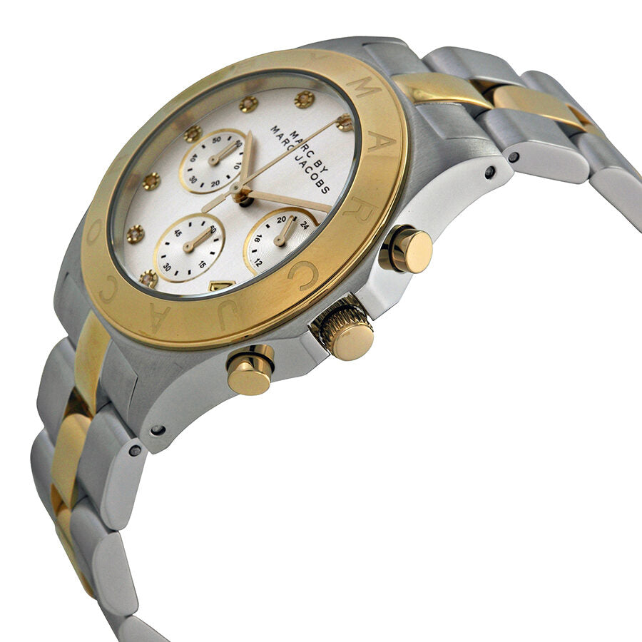 Side angle view of Marc by Marc Jacobs Henry chronograph showing two-tone gold and silver bracelet