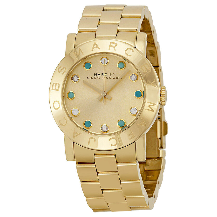 Marc by Marc Jacobs Amy Dexter watch three-quarter view showing gold bracelet and champagne dial