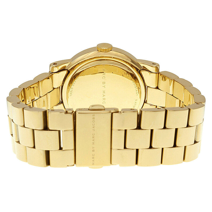 Caseback view of Marc by Marc Jacobs Amy Dexter watch showing gold-tone bracelet and closure