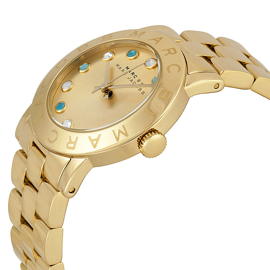 Side view of Marc by Marc Jacobs Amy Dexter watch showing gold-tone link bracelet and case profile