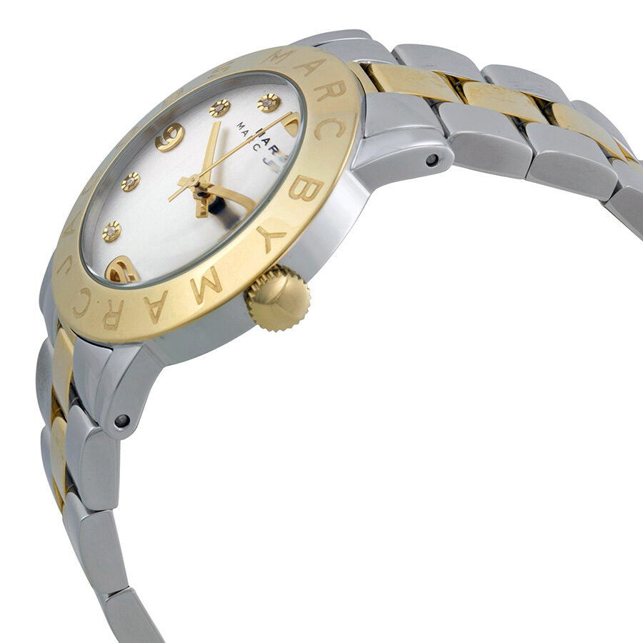 Side view of Amy ladies watch showing two-tone stainless steel and gold bracelet with silver dial
