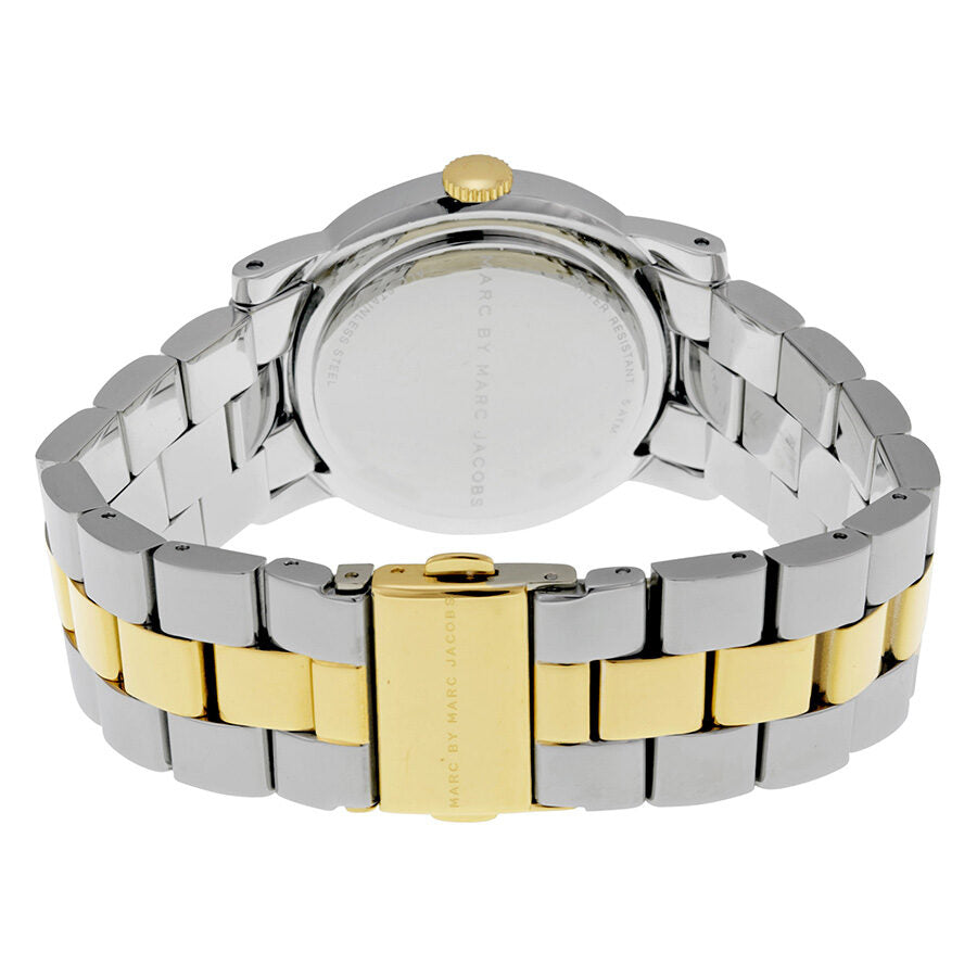 Back view of Amy watch showing case back and two-tone stainless steel bracelet assembly